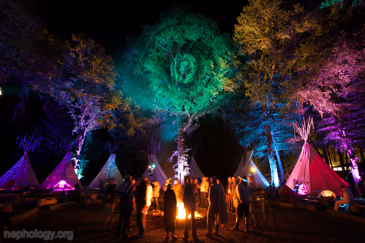 Planners around a bonfire, surrounded by tipis and forest